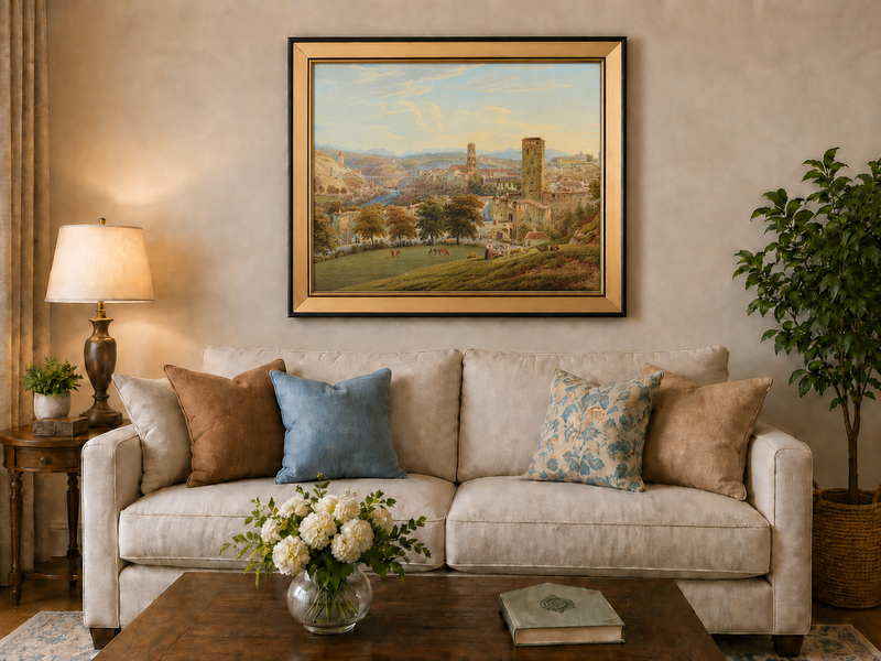 Landscape Oil Painting - Fribourg City View with Bridge and Cows