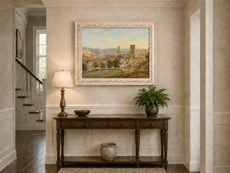 Landscape Oil Painting - Fribourg City View with Bridge and Cows