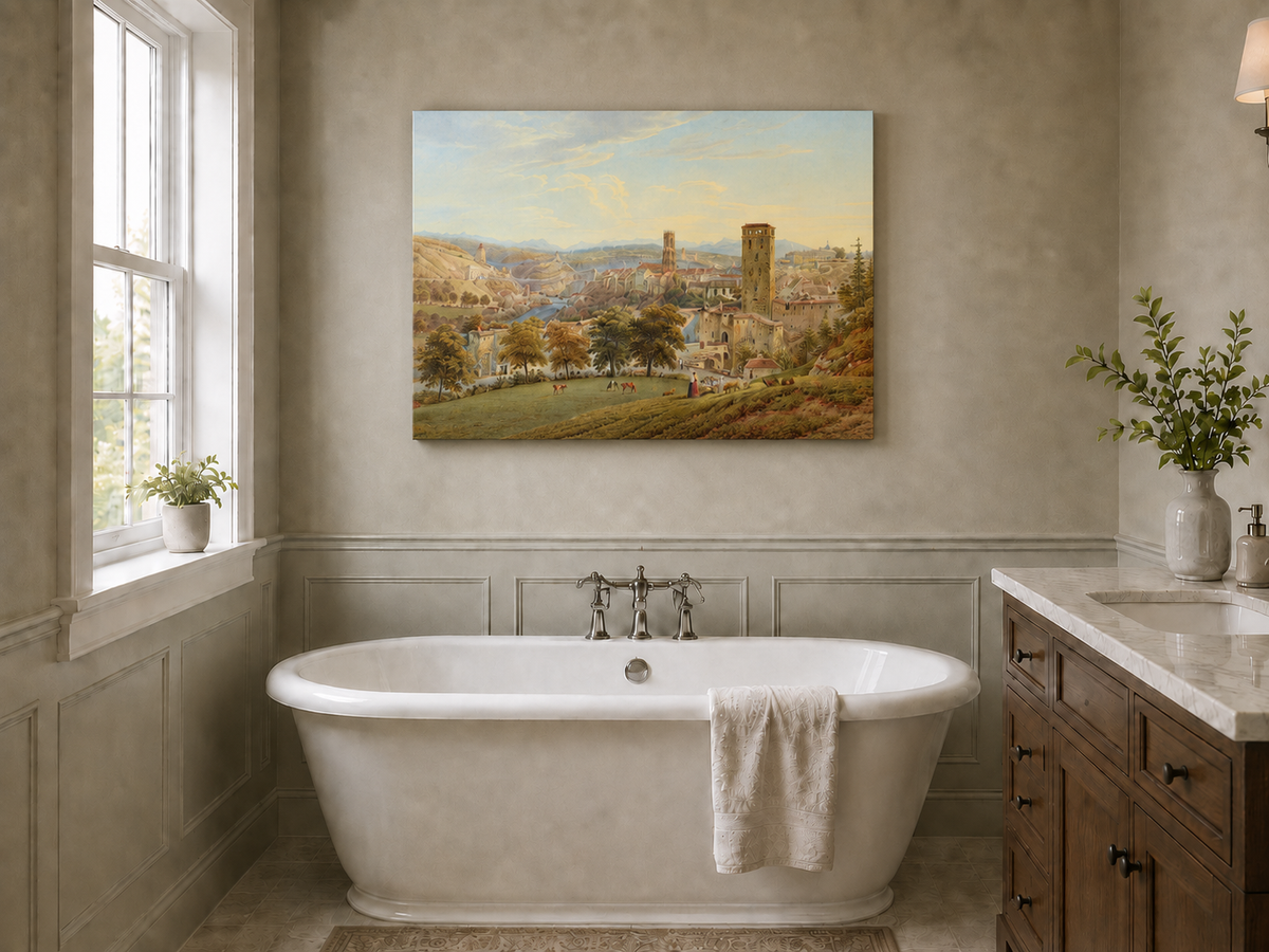 Landscape Oil Painting - Fribourg City View with Bridge and Cows