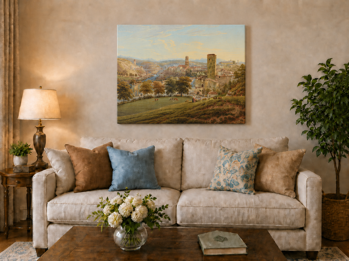 Landscape Oil Painting - Fribourg City View with Bridge and Cows