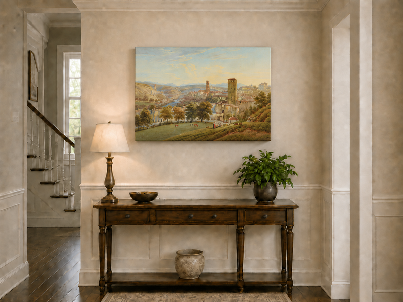 Landscape Oil Painting - Fribourg City View with Bridge and Cows