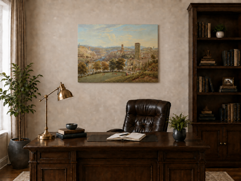 Landscape Oil Painting - Fribourg City View with Bridge and Cows