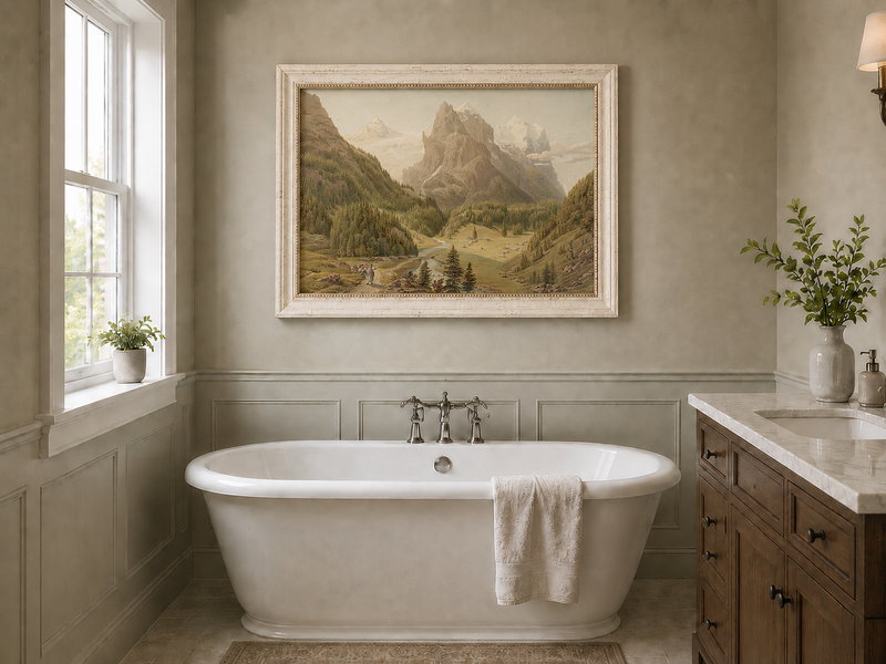 Landscape Oil Painting - Alpine Valley, River and Majestic Peaks