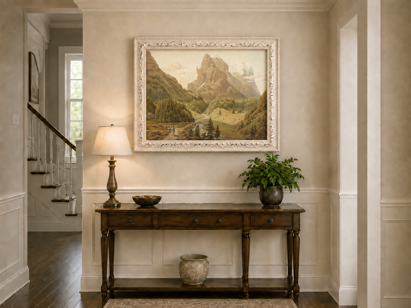 Landscape Oil Painting - Alpine Valley, River and Majestic Peaks
