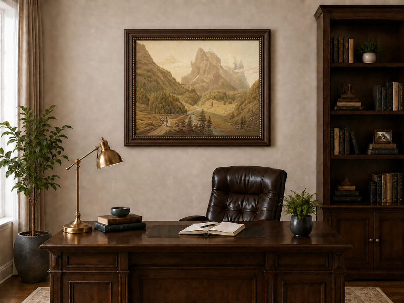 Landscape Oil Painting - Alpine Valley, River and Majestic Peaks
