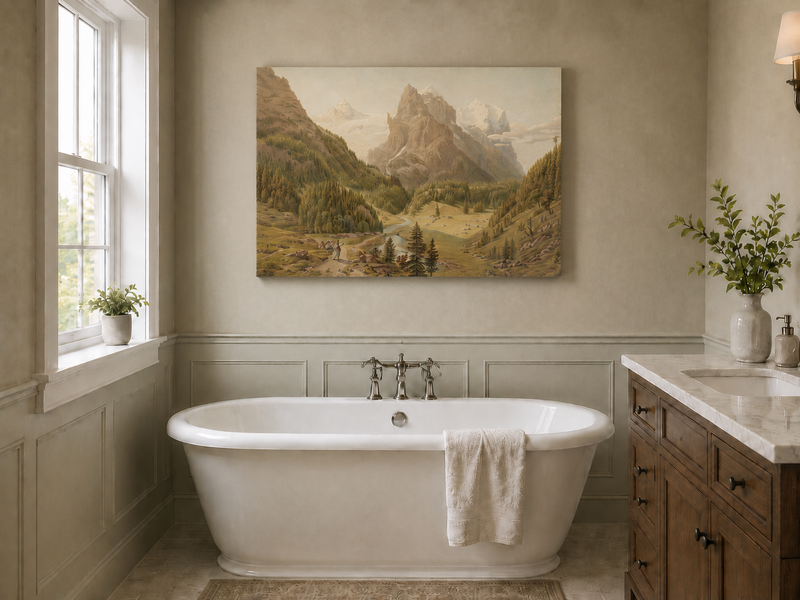 Landscape Oil Painting - Alpine Valley, River and Majestic Peaks