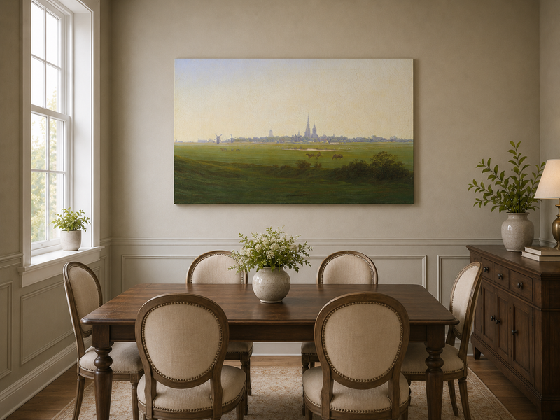 Peinture à l'huile de paysage - Ville hollandaise, moulins à vent, chevaux et église