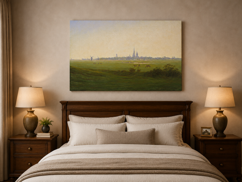 Peinture à l'huile de paysage - Ville hollandaise, moulins à vent, chevaux et église