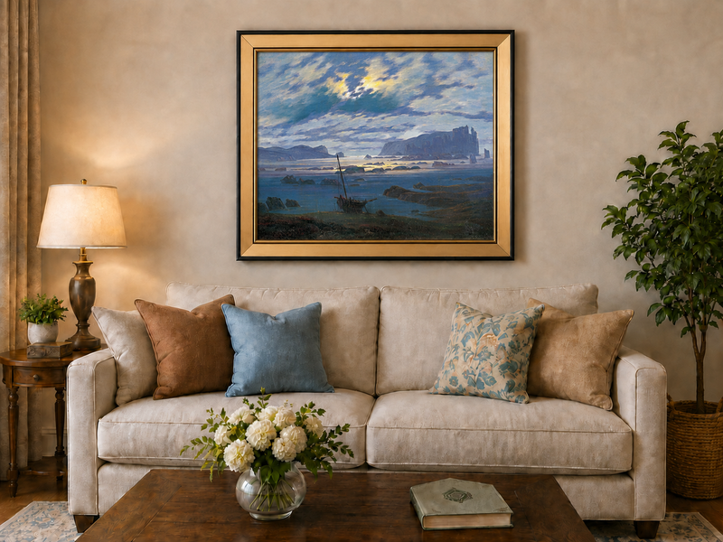 Peinture à l'huile de paysage - Bateau de mer côtier et nuages spectaculaires