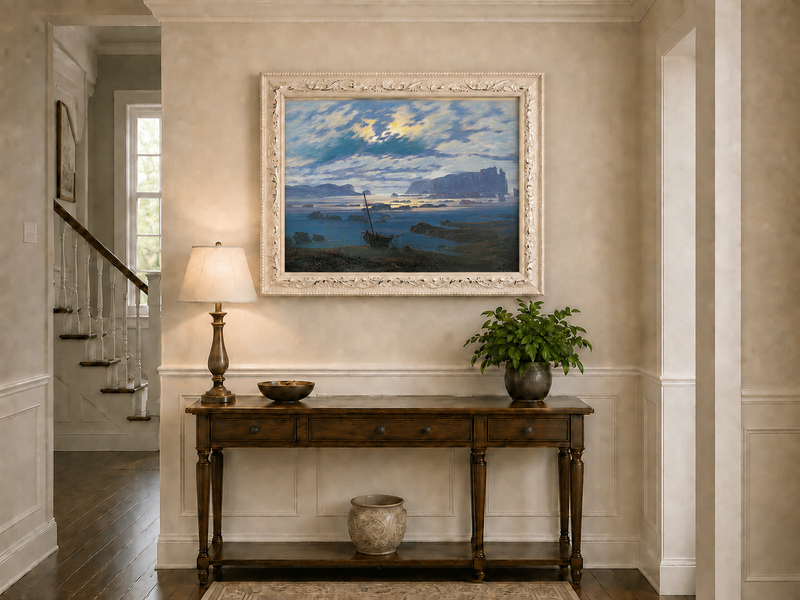 Peinture à l'huile de paysage - Bateau de mer côtier et nuages spectaculaires