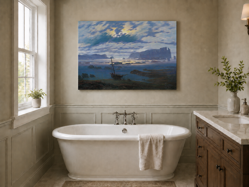 Peinture à l'huile de paysage - Bateau de mer côtier et nuages spectaculaires