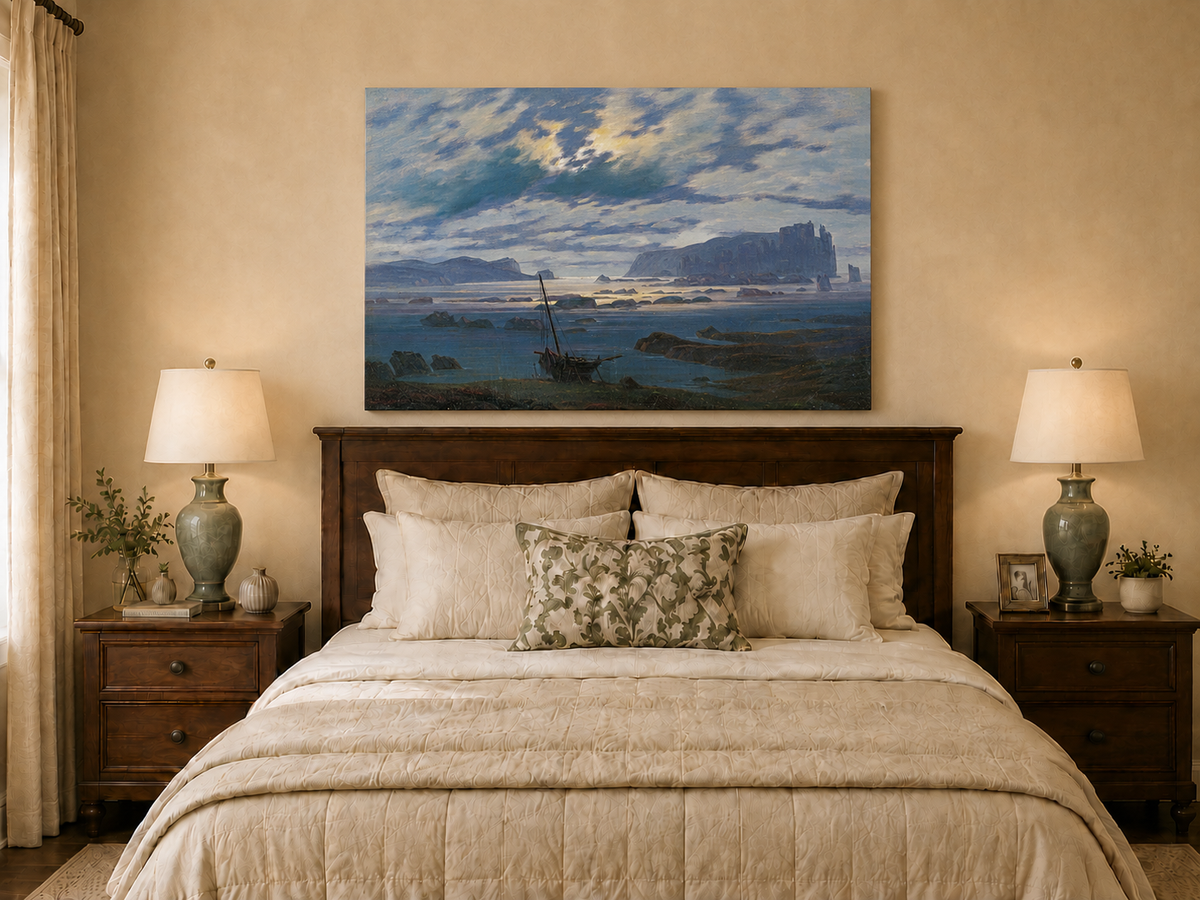Peinture à l'huile de paysage - Bateau de mer côtier et nuages spectaculaires