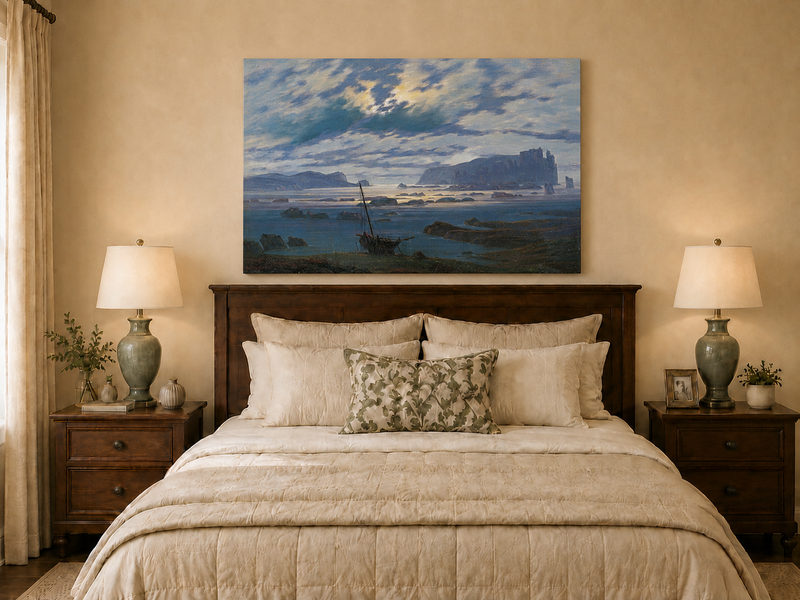 Peinture à l'huile de paysage - Bateau de mer côtier et nuages spectaculaires