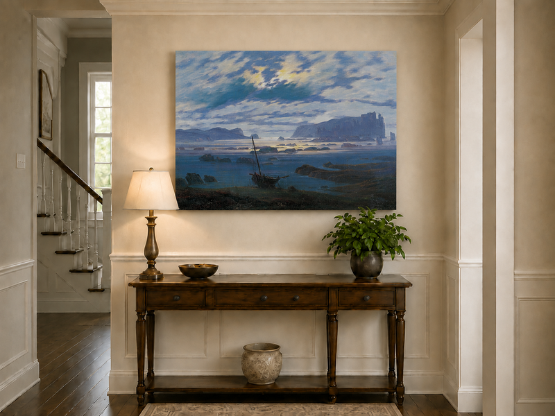 Peinture à l'huile de paysage - Bateau de mer côtier et nuages spectaculaires