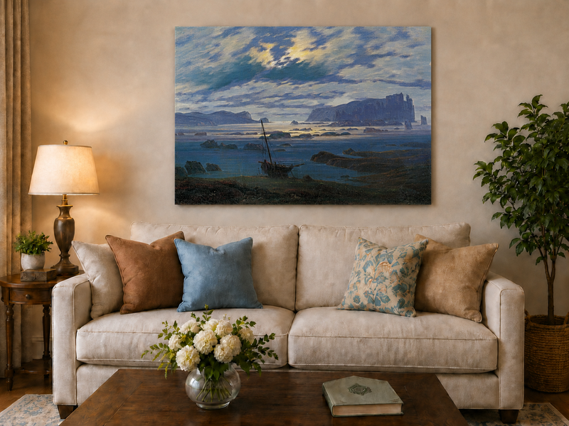 Peinture à l'huile de paysage - Bateau de mer côtier et nuages spectaculaires