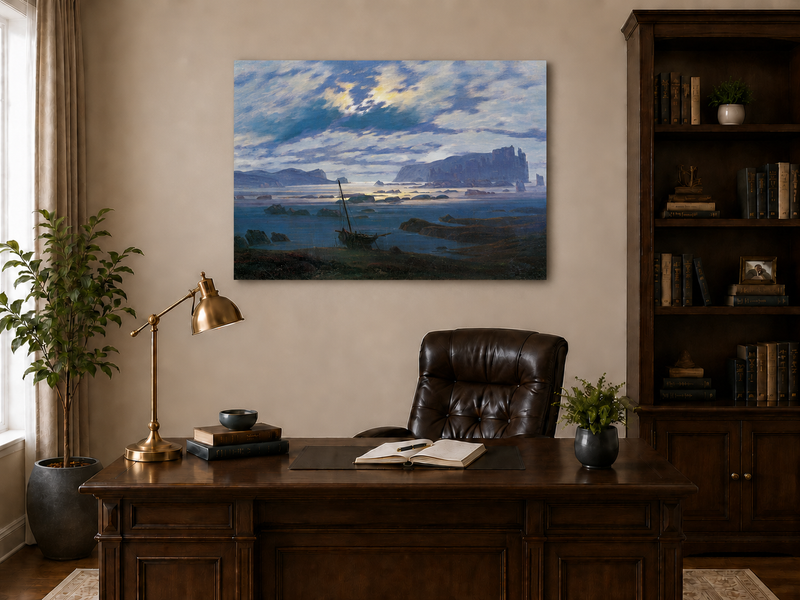 Peinture à l'huile de paysage - Bateau de mer côtier et nuages spectaculaires