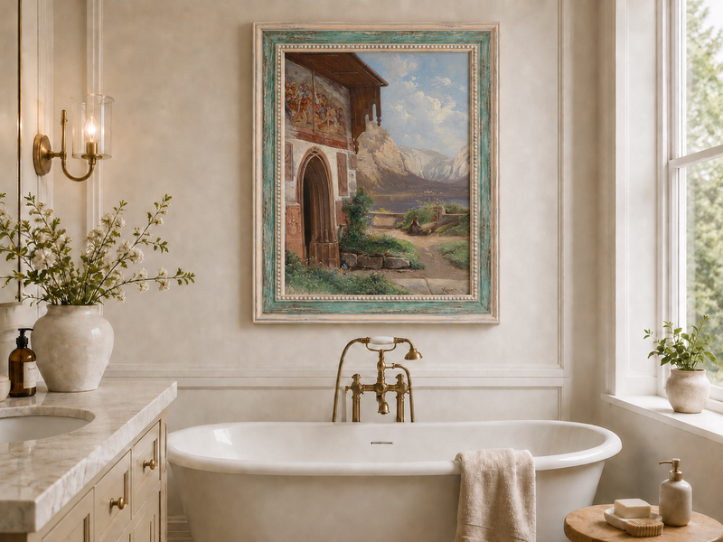 Landscape Oil Painting - Lakeside Chapel with Alpine Mountains