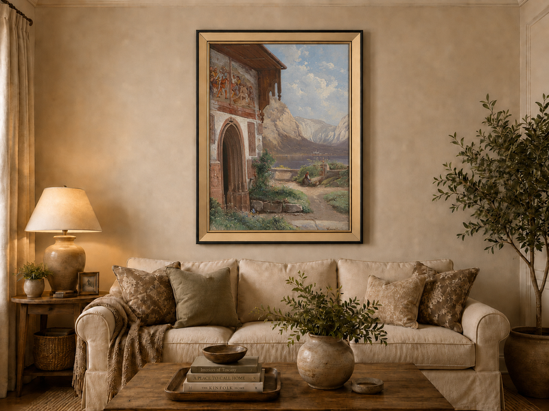 Landscape Oil Painting - Lakeside Chapel with Alpine Mountains