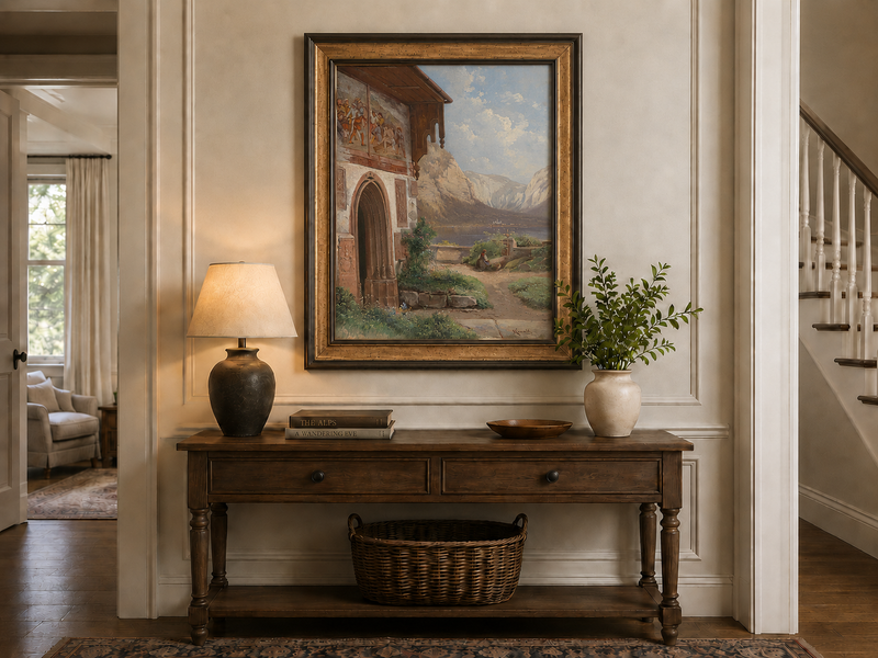Landscape Oil Painting - Lakeside Chapel with Alpine Mountains