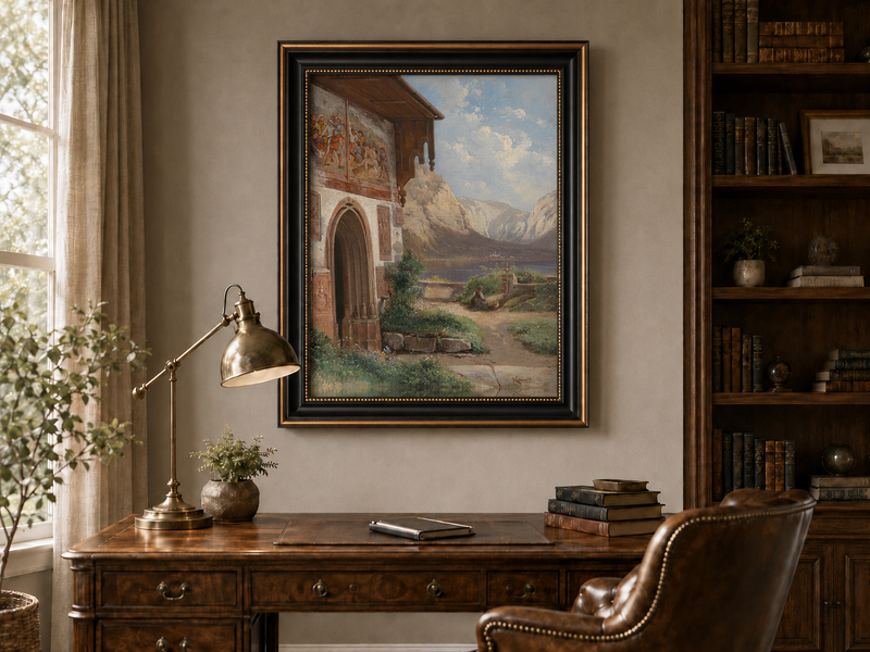 Landscape Oil Painting - Lakeside Chapel with Alpine Mountains