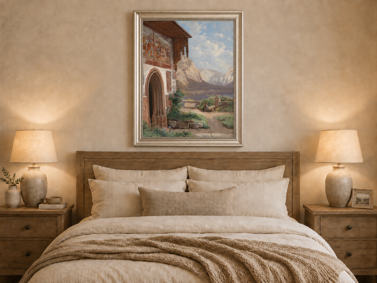 Landscape Oil Painting - Lakeside Chapel with Alpine Mountains
