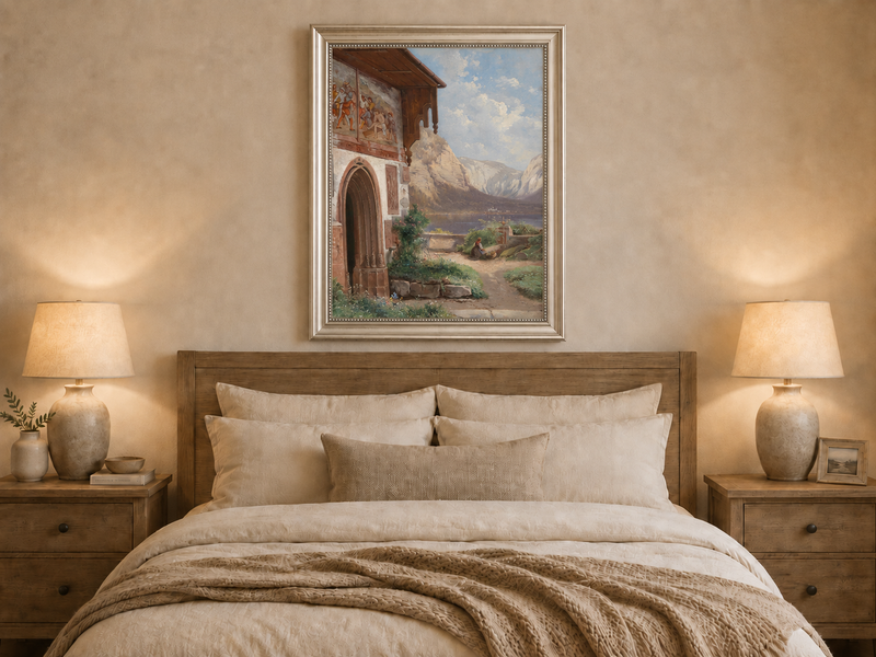 Landscape Oil Painting - Lakeside Chapel with Alpine Mountains