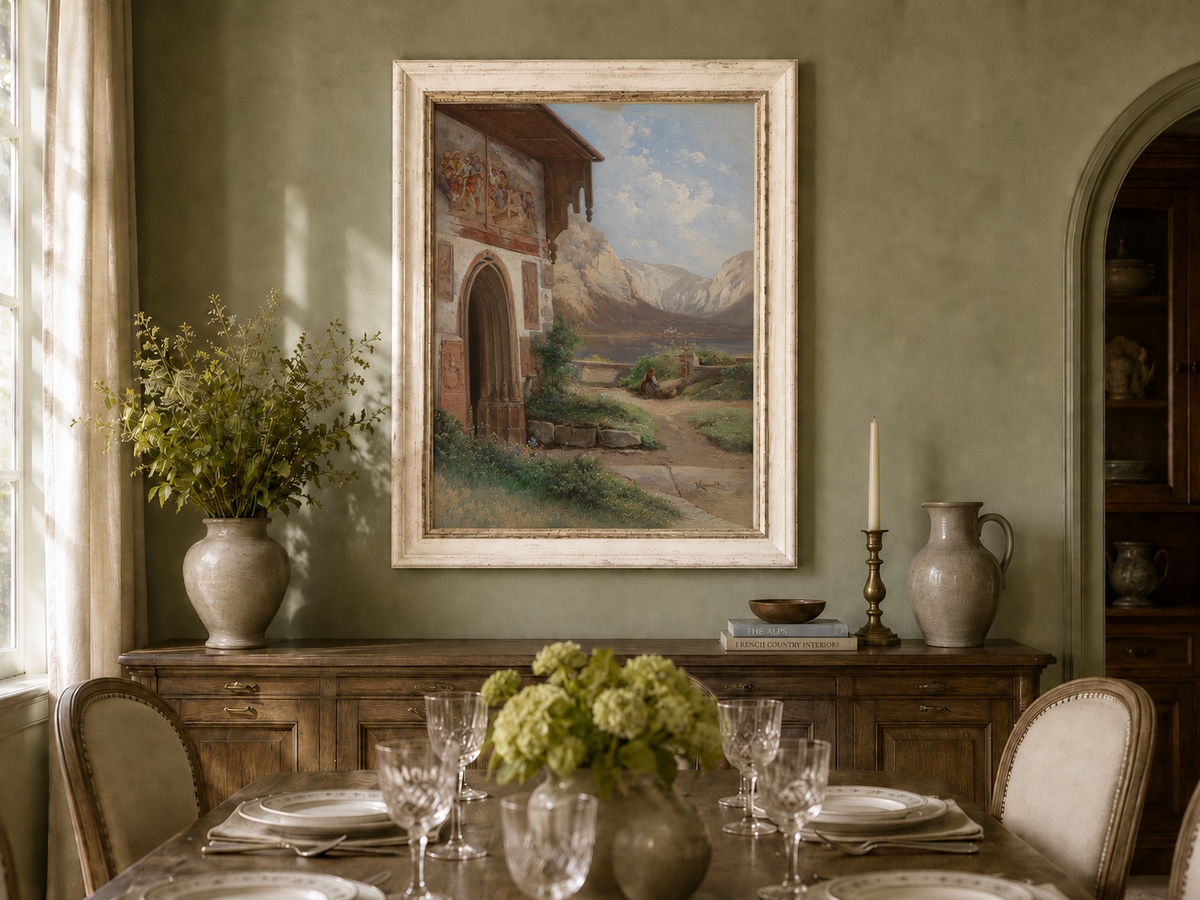 Landscape Oil Painting - Lakeside Chapel with Alpine Mountains