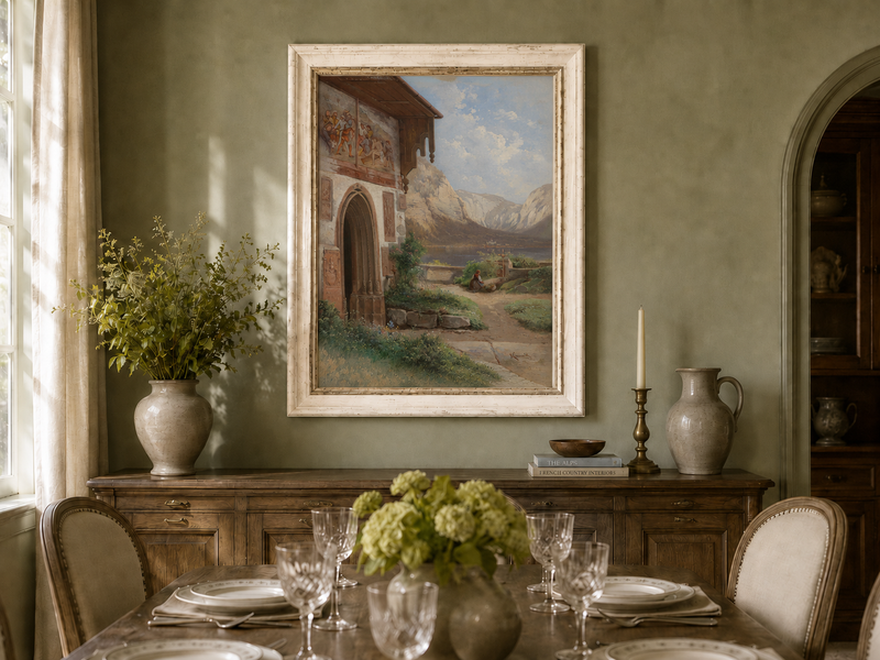 Landscape Oil Painting - Lakeside Chapel with Alpine Mountains
