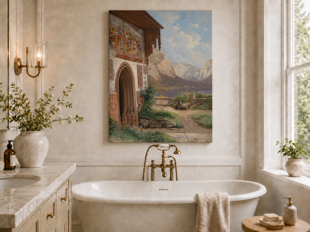 Landscape Oil Painting - Lakeside Chapel with Alpine Mountains