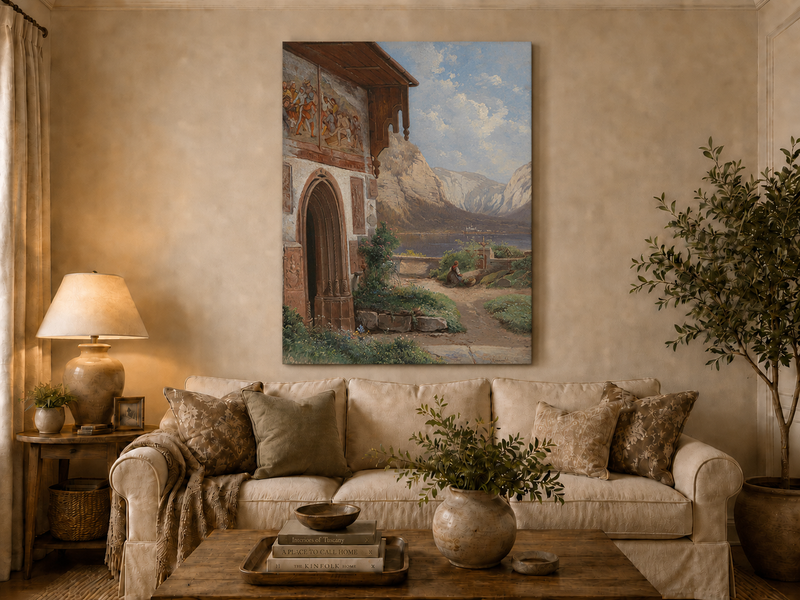 Landscape Oil Painting - Lakeside Chapel with Alpine Mountains