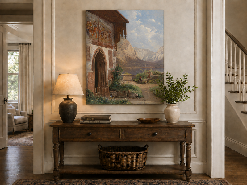 Landscape Oil Painting - Lakeside Chapel with Alpine Mountains