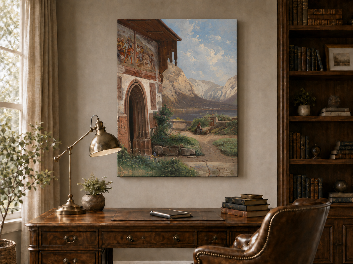 Landscape Oil Painting - Lakeside Chapel with Alpine Mountains