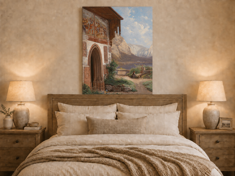 Landscape Oil Painting - Lakeside Chapel with Alpine Mountains