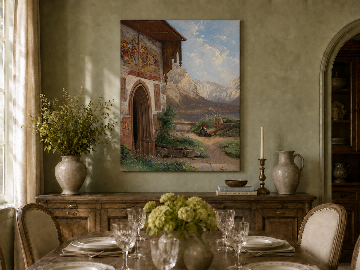 Landscape Oil Painting - Lakeside Chapel with Alpine Mountains