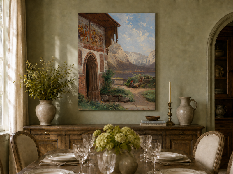 Landscape Oil Painting - Lakeside Chapel with Alpine Mountains