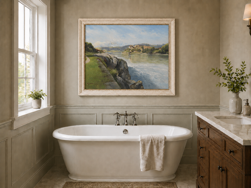 Peinture à l'huile de paysage - Rivière, berge rocheuse, ruines &