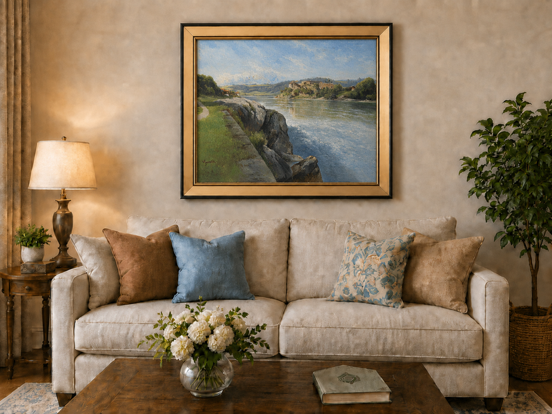 Peinture à l'huile de paysage - Rivière, berge rocheuse, ruines &