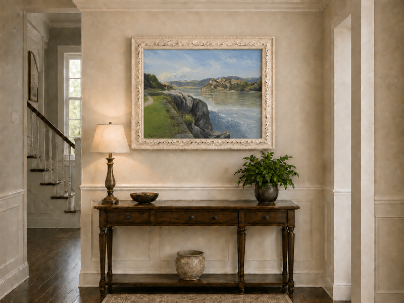 Peinture à l'huile de paysage - Rivière, berge rocheuse, ruines &
