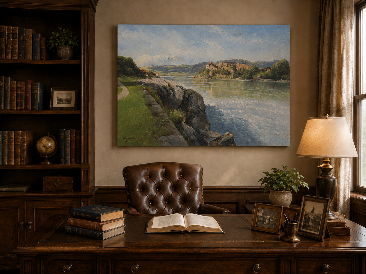 Peinture à l'huile de paysage - Rivière, berge rocheuse, ruines &