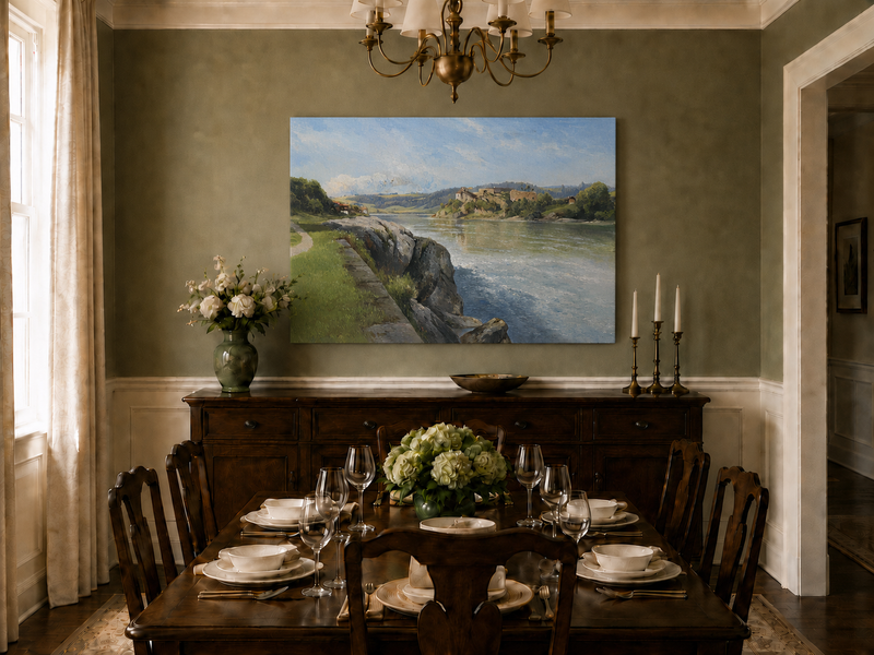 Peinture à l'huile de paysage - Rivière, berge rocheuse, ruines &