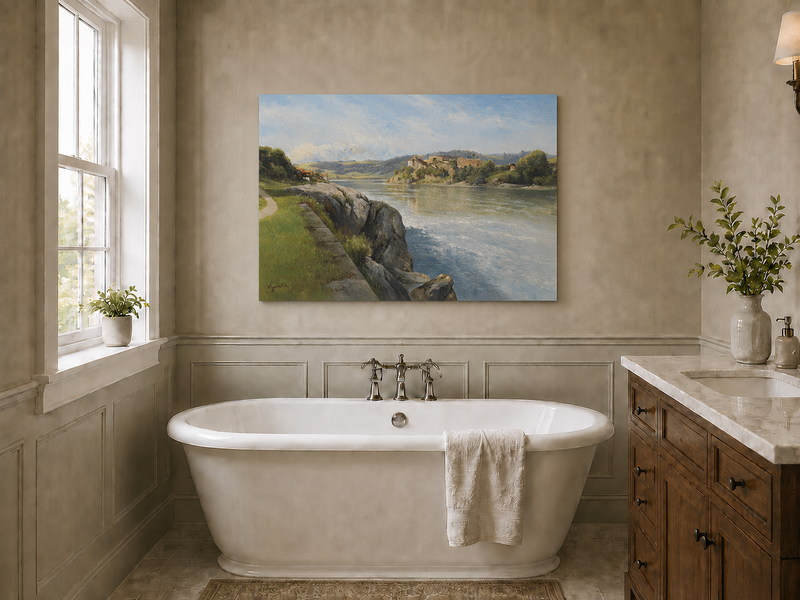 Peinture à l'huile de paysage - Rivière, berge rocheuse, ruines &
