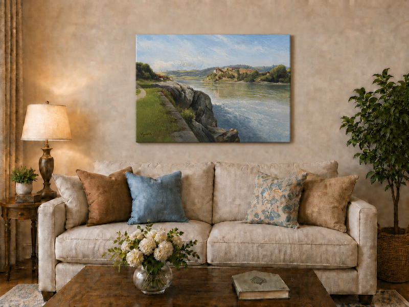 Peinture à l'huile de paysage - Rivière, berge rocheuse, ruines &