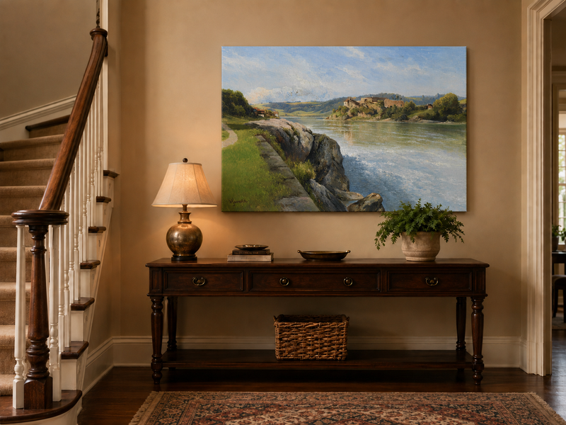 Peinture à l'huile de paysage - Rivière, berge rocheuse, ruines &