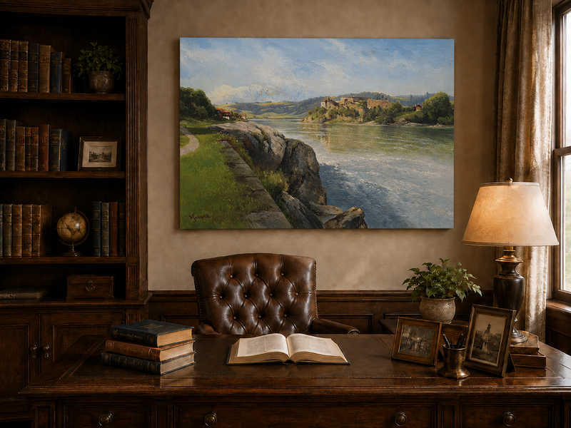 Peinture à l'huile de paysage - Rivière, berge rocheuse, ruines &