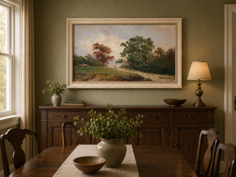 Peinture à l'huile de paysage - Chemin forestier : Arbres et silhouettes au loin