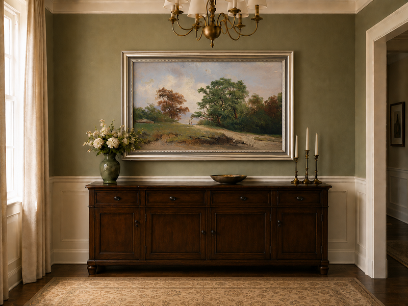 Peinture à l'huile de paysage - Chemin forestier : Arbres et silhouettes au loin
