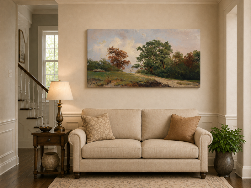 Peinture à l'huile de paysage - Chemin forestier : Arbres et silhouettes au loin