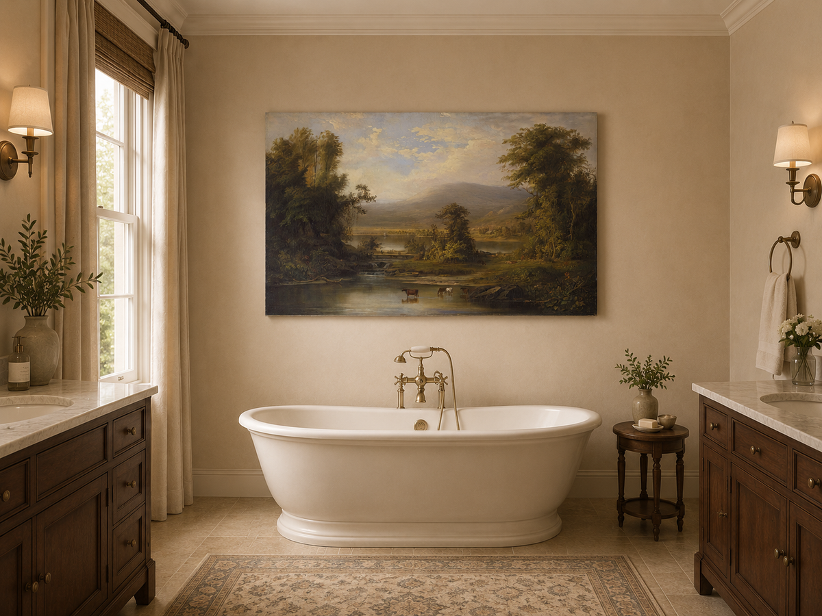 Landschaftsgemälde in Öl – Winterliche Flusslandschaft mit Figuren und Pferden