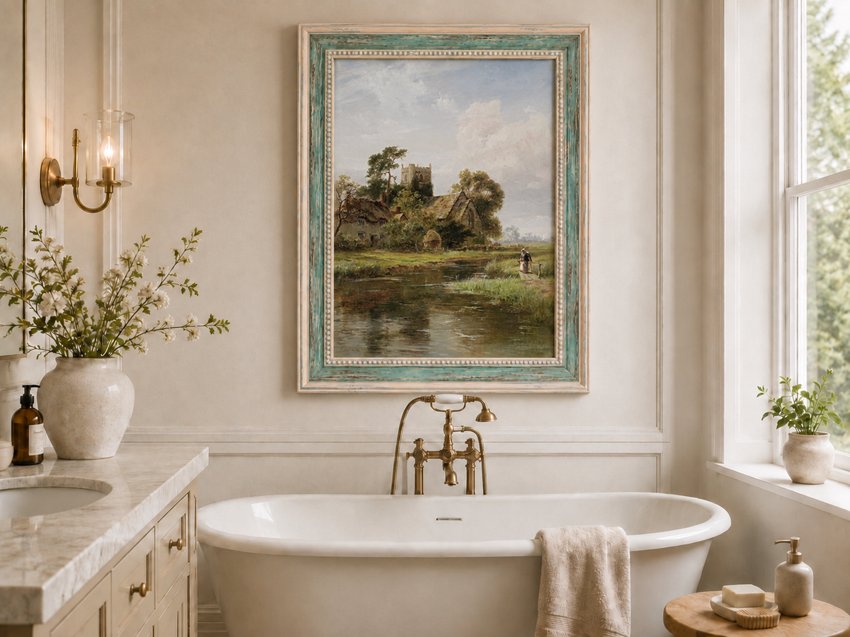 Peinture à l'huile de paysage - Rivière printanière avec pêcheur et arbres