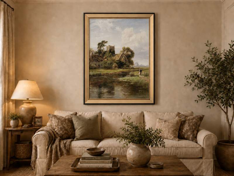 Peinture à l'huile de paysage - Rivière printanière avec pêcheur et arbres